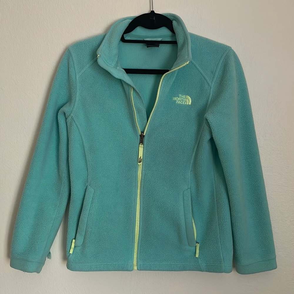 Green and blue women zip up north face. Size L Girls or XS women